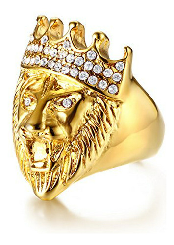 Anillo León Hip Hop Bañado En Oro Con Corona De Cristales.