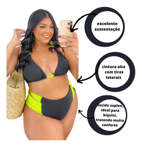 Imagem 2 de 6 de Biquini Plus Size Cintura Alta Tiras Laterais Preto