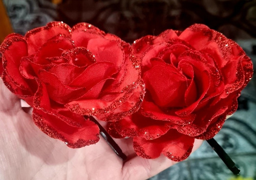 Par Pinche De Pelo Flor Roja, Rosa Con Brillos Incluye 2.