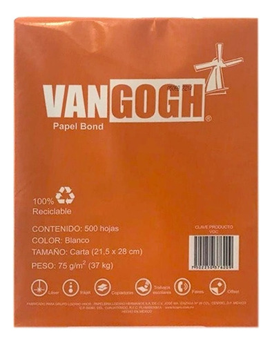 Papel Bond Tamaño Carta Vangogh Paquete 500 Hojas Color Blanco