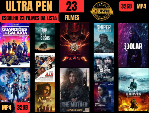 Pen Drive 32gb Com 23 Top Filmes De Ação E Tela De Sucessos