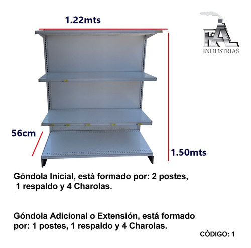 Góndola De Pared Con 4 Charolas De 1.22m X 1.50m De Alto