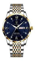 Comprar Reloj Poedagar para hombre de lujo, cuarzo, correa plateada y azul, color plateado y dorado, bisel dorado