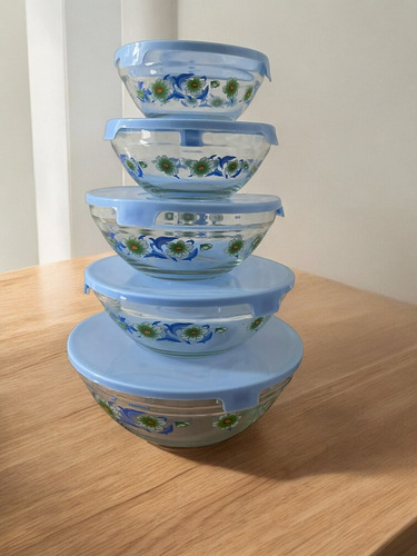 Juego De 5 Bowls Contenedores De Vidrio Hermeticos Con Tapa Azul Claro