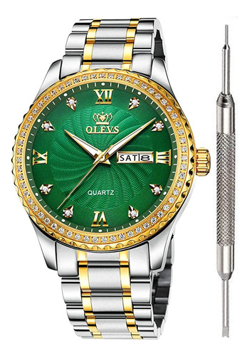 ~? Olevs Green Dial Diamond Watches Para Hombres Impermeable