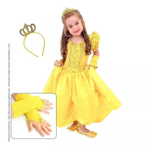 Vestido Cinderela Infantil de Luxo Longo Com Coroa e Luvas