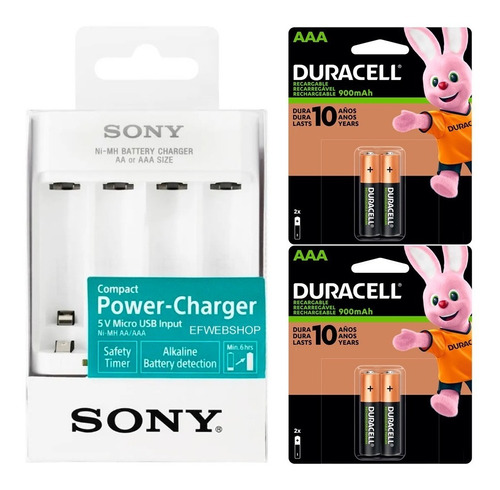 Carregador Sony Usb Com 4 Pilhas Aaa 900 Mah Recarregaveis 