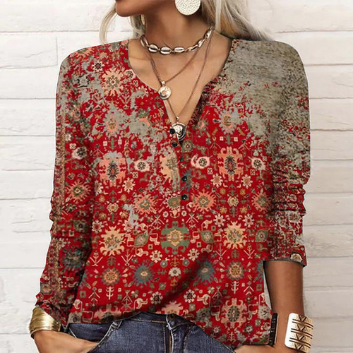 Blusa Delgada Con Botones De Manga Larga Con Estampado Para
