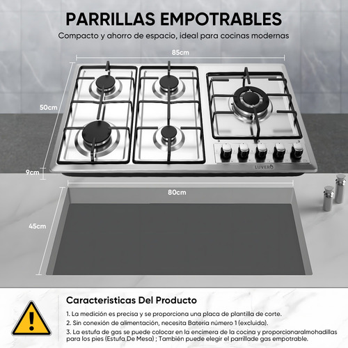Parrilla Estufa Empotrable 5 Quemadores Gas Acero Inoxidable Plateado
