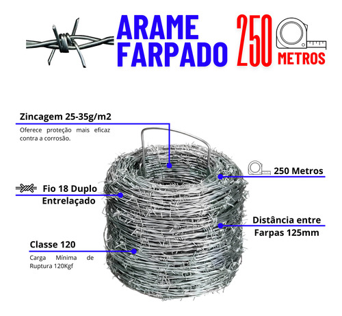 Arame Farpado Zincado 250 Metros Fio 18 Duplo Entrelaçado