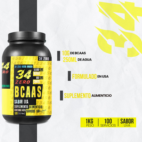 34 Zero Aminoácidos Bcaas Polvo 100 Servicios 1kg Sabores Uva