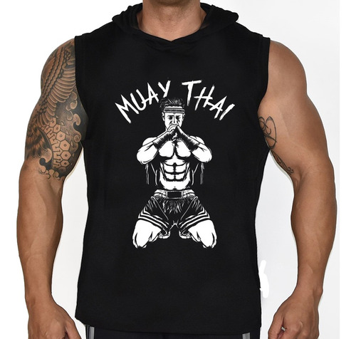 Camiseta Regata Machão Com Capuz Muay Thai Treino Fitness