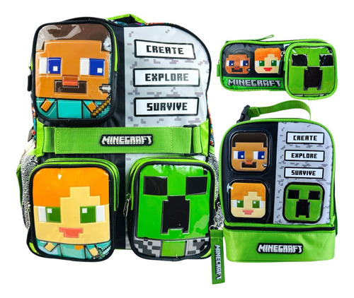 Kit Mochila, Lonchera Y Lapicera Minecraft Pelicula Original Verde