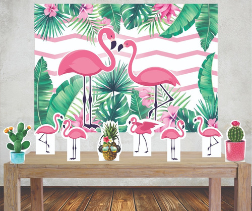 Kit Painel Poli Banner + Displays Festa Flamingo 