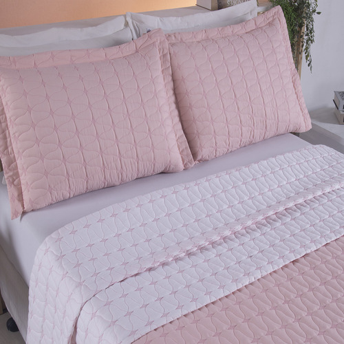 Cobre Leito Colcha Casal Queen Bordado Dupla Face Percal 200 Cor Rose Cama Alta Toque Macio Costurado