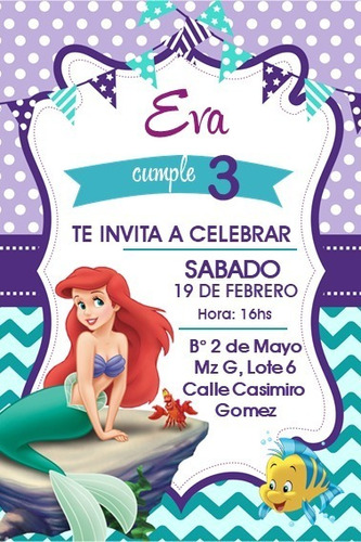 Invitacion Impresa Ariel La Sirenita X20 Personalizada 14x9