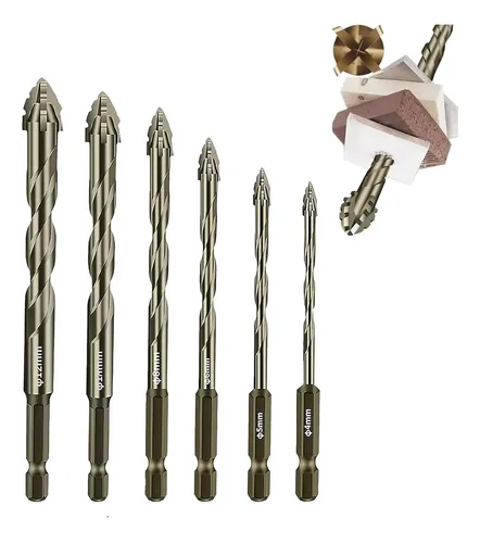 Kit 6 Brocas Excêntrica Serrilhada Ponta Cruzada Tungstênio De Vidro, Porcelana, Concreto, Chapa De Ferro Fina, Madeira, Espelho, Azulejo, Mármore