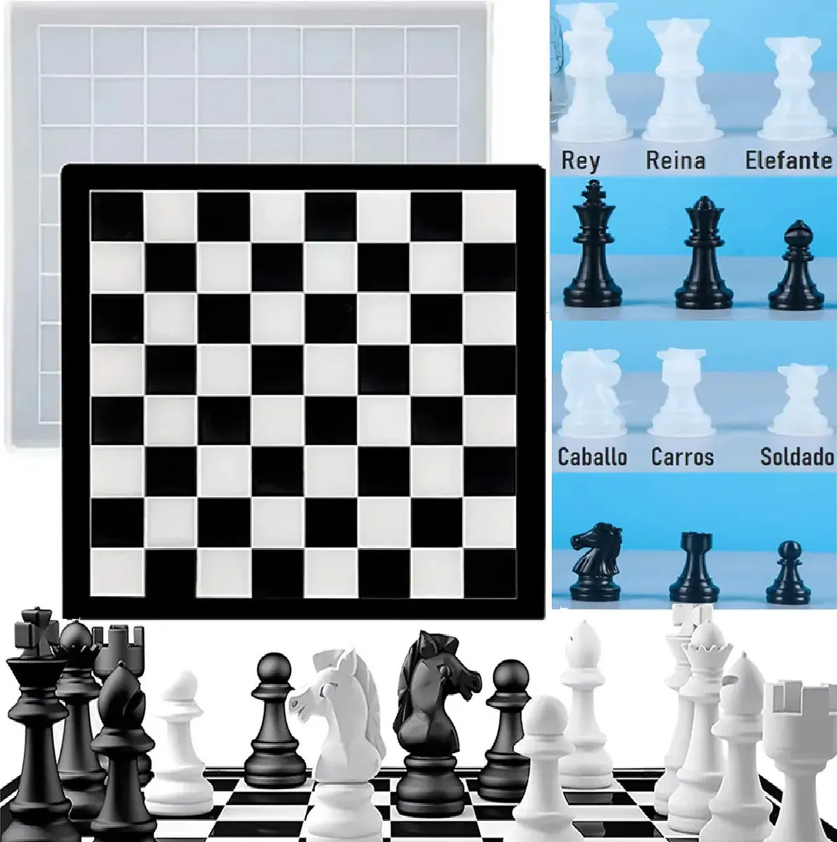 Kit de Moldes de Silicona para Ajedrez: Tablero de 31cm y Piezas 3D para Resina Epoxi