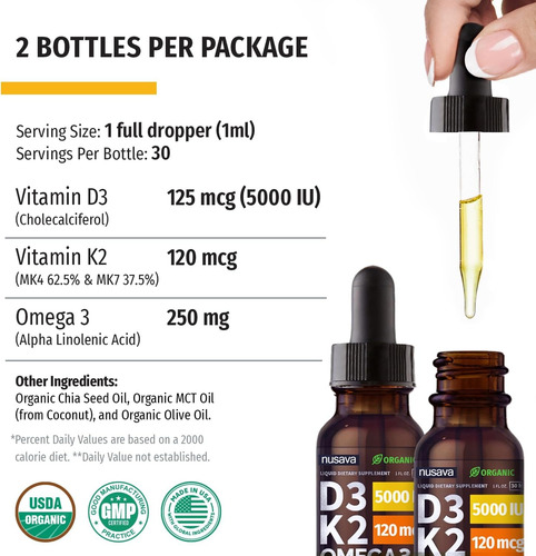 Gotas Orgánicas De Vitamina D3 K2 Con Aceite Mct + Omega 3
