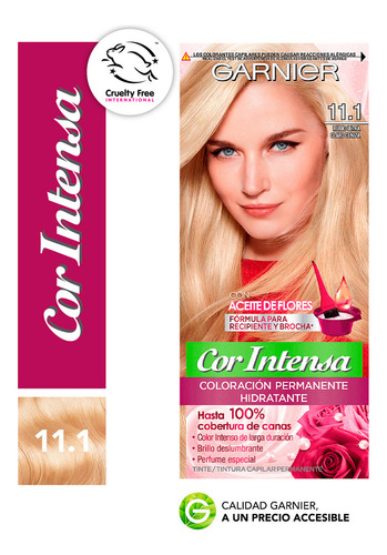 Kit Tinta, Oxidante Cor Intensa  Aceite de flores Kit Coloración Permnente Hidratante Garnier Cor Intensa tono 11.1 rubio ultra claro ceniza 20Vol. para cabello