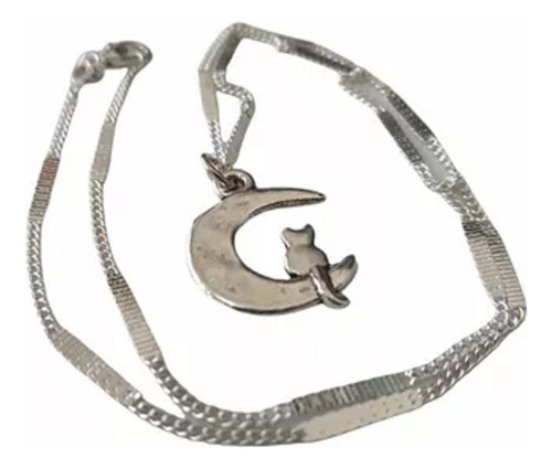 Collar Media Luna Gatita Gatito Cromado Cadena Baño De Plata