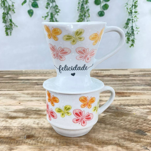 Coador De Café Em Porcelana + Xicara 200ml - Borboletas