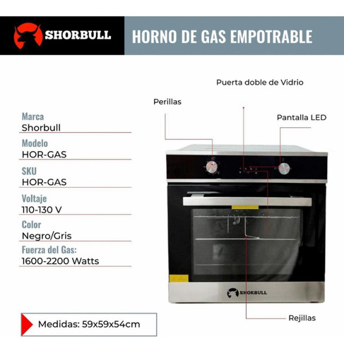 Horno Empotrable Gas Shorbull 65l Conveccion 127v Acero Inox