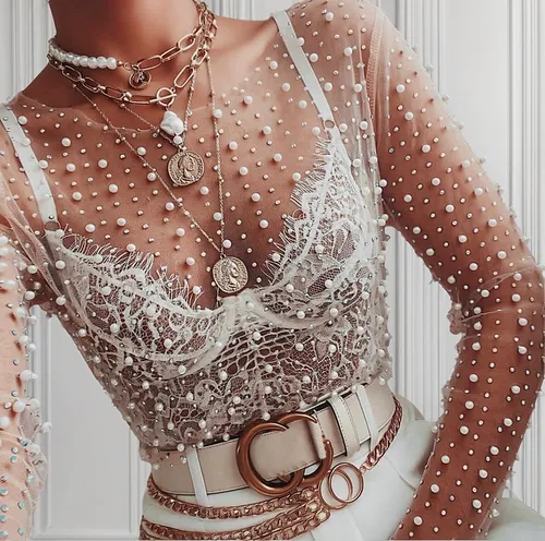 Camisa Transparente De Encaje Con Perlas Para Mujer