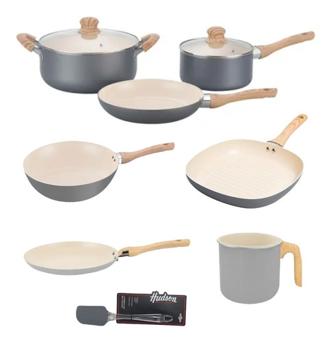 Set Olla Panq Wok Bif Jarr Hudson Gris Gray Crema 9pz 