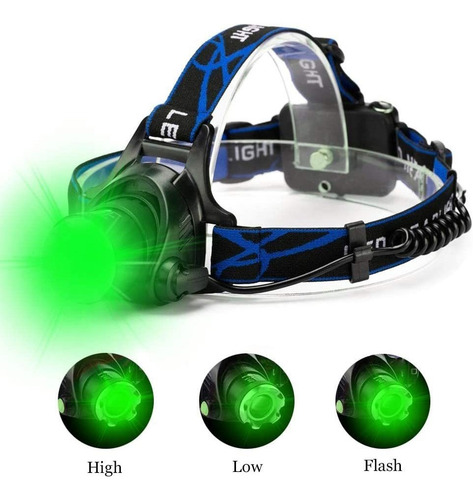 Linterna Frontal Led Verde Resistente Al Agua, Con Zoom Y 3