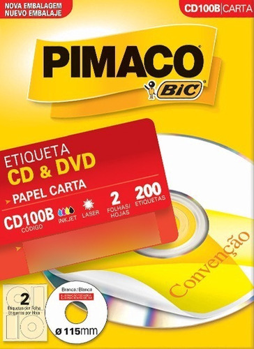 Etiqueta Cd/dvd Carta 100 Folhas Branca Cd100b Pimaco
