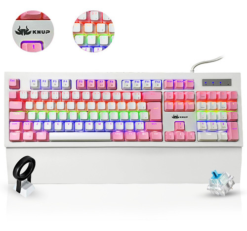 Teclado Gamer Mecanico Abnt2 Led Rgb Pc Apoio Pulso Branco Cor de teclado Rosa-claro Idioma Português Brasil