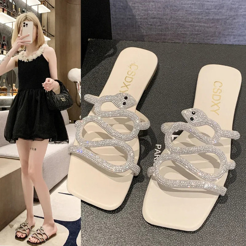 Sandalias Con Estampado De Serpiente Y Tacón Plano, Zapatill