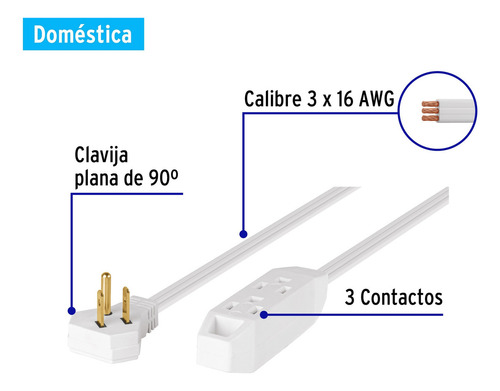 Extension Aterrizada 10 M Con Clavija Plana Volteck 49573 Color Blanco