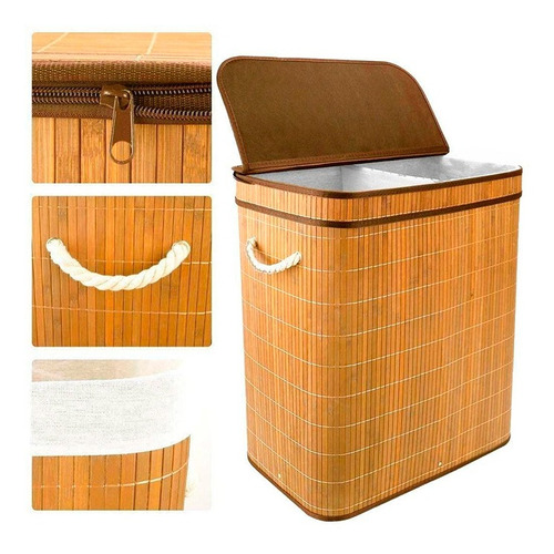 Imagem 2 de 2 de Cesto Duplo Organizador Roupa Lavanderia Bambu Tampa Claro