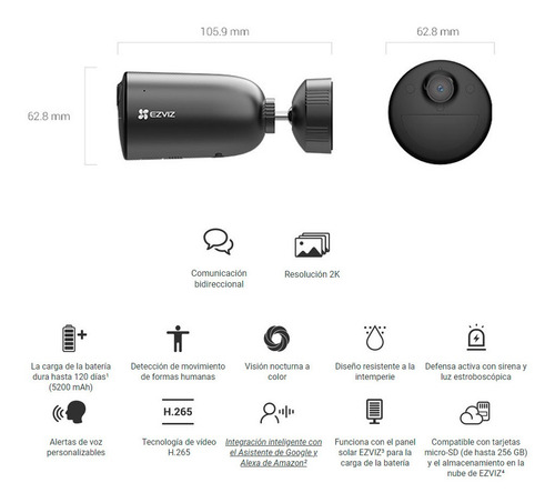 Imagen 2 de 4 de Camara Ezviz Wifi 2k Ir15m Bateria 120 Dias Cs-eb3