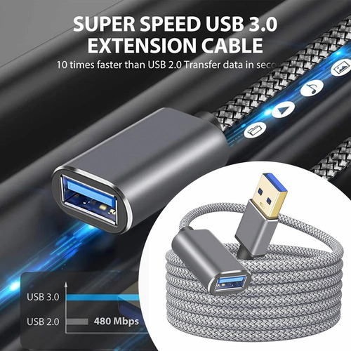 2 Cable De Extensión Usb 3.0 Macho A Hembra Nylon 0,5 M