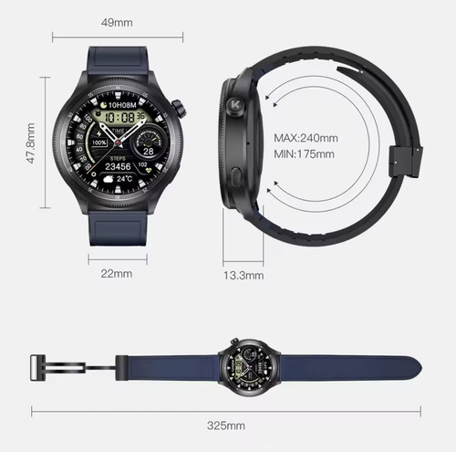 Smartwatch Kumi Watch Gear Gt3 Tela 1.43'' Músicas Integrada Preto Azul-escuro Preto