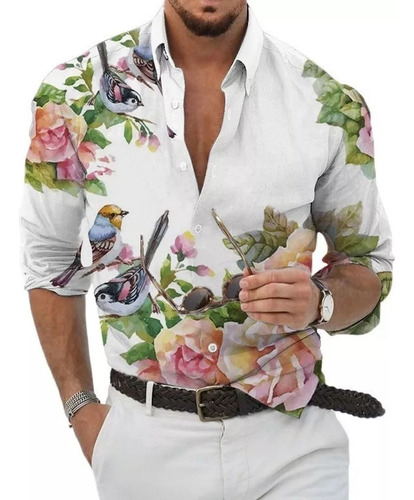 Camisa Hawaiana Manga Larga Con Estampado Floral Hombre