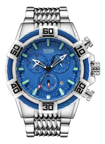 Relógio Temeite Masculino Heavy Multifuncional Prata E Azul