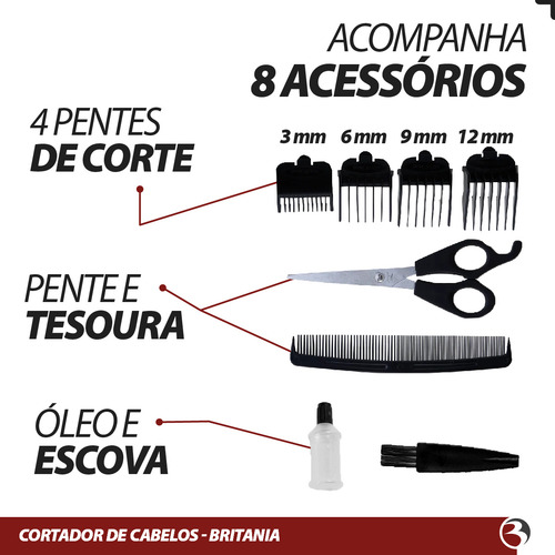 Cortador De Cabelo 127v Kit 9 Acessórios 14w Inox Cor Prata