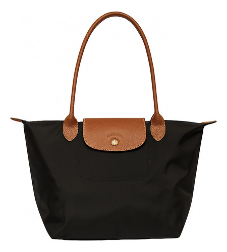 Cartera Mujer Midi Plegable Tela Impermeable Y Cuero Vacuno Negro Lisa Oro Marrón