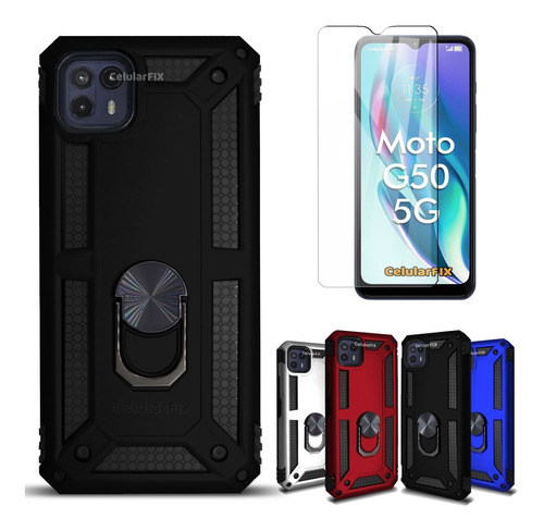 Funda P/ Moto G50 5g, Uso Rudo C/ Anillo Sujetador + Cristal