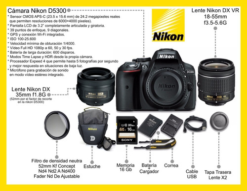 Cámara Nikon D5300 Lente 18-55 F3.5 + 35mm F1.8