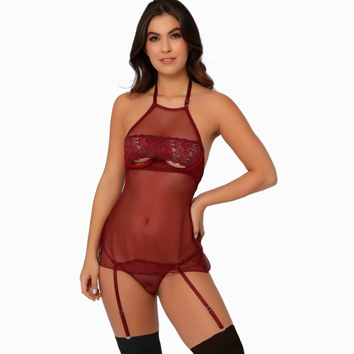 Sexy Baby Doll Copa Descubierta Liguero Tanga Medias 941