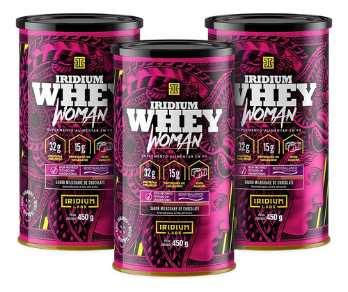 Kit 3x Whey Protein Woman Body Collagen 450g - Iridium Labs Sabor Milk Shake Chocolate