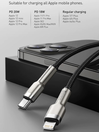 Imagen 3 de 9 de Cable Para iPhone Baseus Tipo C A Lightning Metalico 20w 2m