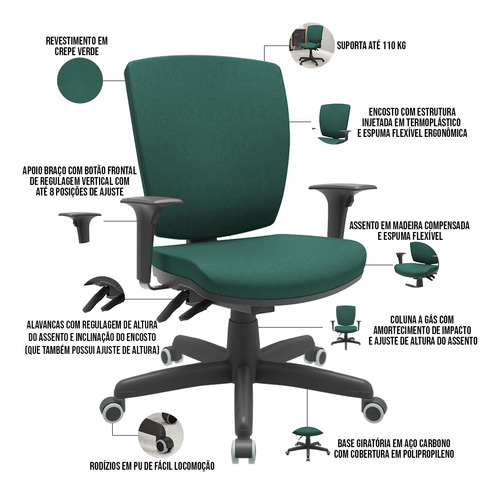 Kit 03 Cadeiras de Escritório Diretor Office Giratória Preto Alta Flexi P03 Poliéster Verde