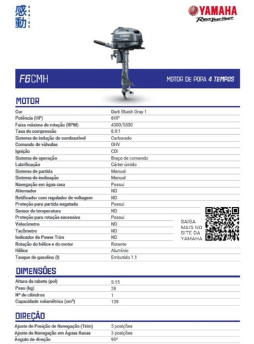 Motor De Popa Yamaha 6hp 2025 - 4 Tempos Rabeta Curta F6cmhs