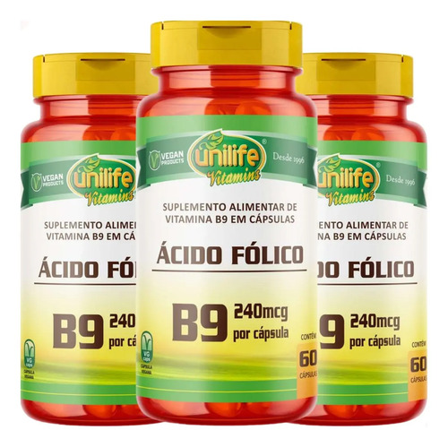 Kit 3 Vitamina B9 Ácido Fólico 60 Cápsulas Unilife